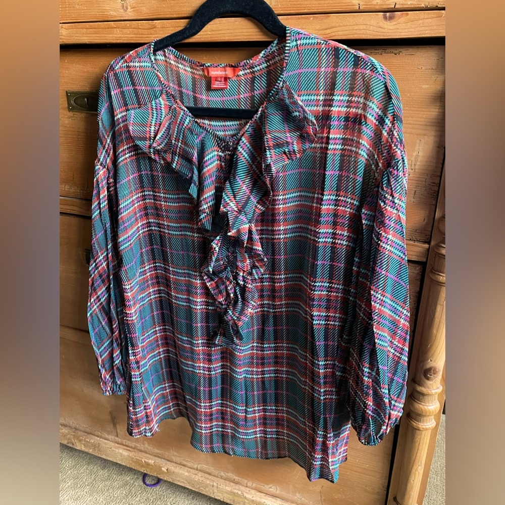 Sundance Catalog sheer 100% silk tartan blouse size Large